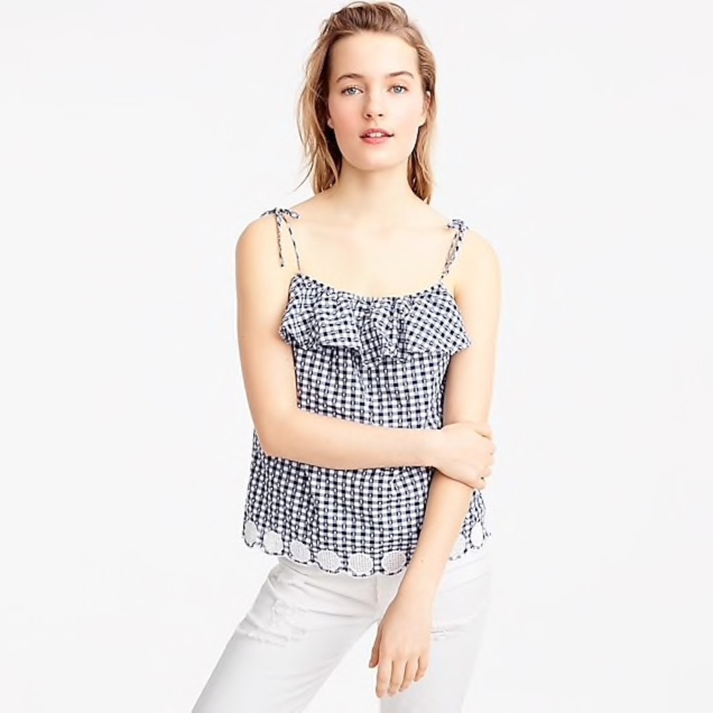 JCrew Tie-Shoulder Ruffle Top with Gingham Pattern